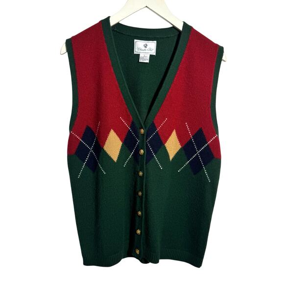 Chandler Hill Sweaters - Chandler Hill Sweater Women L Green Red Argyle Gold Button Up Preppy Old Money